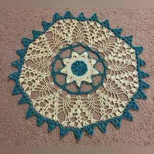 VTG HAND CROCHETED DOILY 15” Blue Tan Vintage Handmade Star Flower